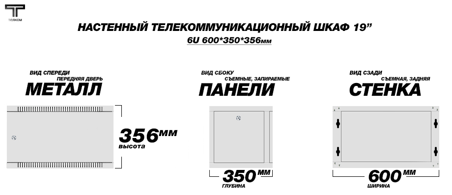 19" (дюймов) настенный телекоммуникационный монтажный шкаф 6U (юнитов), глубиной 350мм.