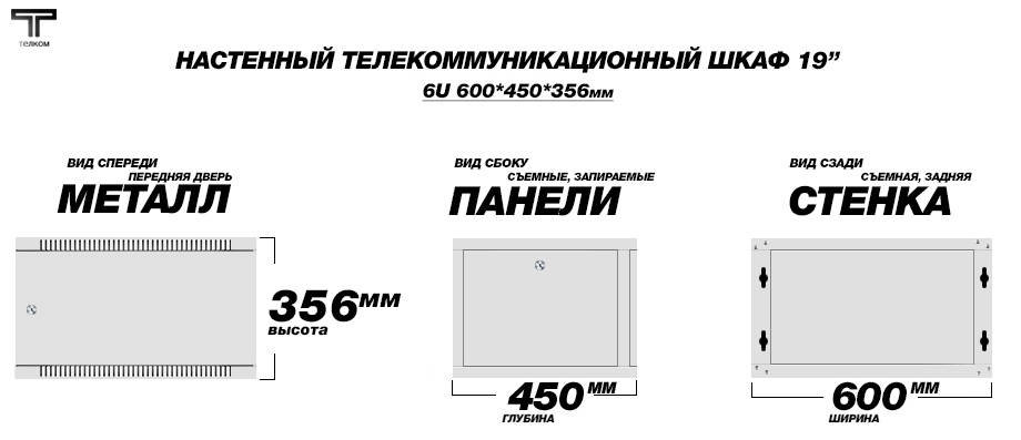 19" (дюймов) настенный телекоммуникационный монтажный шкаф 6U (юнитов), глубиной 450мм.