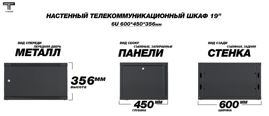 19" (дюймов) настенный телекоммуникационный монтажный шкаф 6U (юнитов), глубиной 450мм.