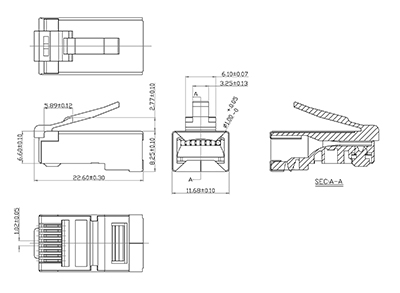 Cabeus 8P8C-SH Коннектор RJ-45 под витую пару, категория 5e, экранированный, универсальный.<br>Чертеж разъема.