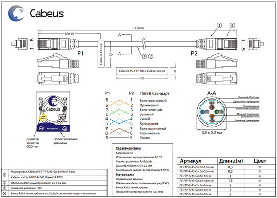 Чертеж неэкранированного патч-корда Cabeus UTP, категория 6a (10Gb).