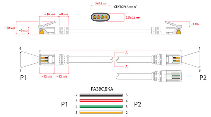 Нажмите на фото для увеличения Чертеж телефонного патч-корда 6p4c.